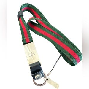 GUCCI Neck Strap Sherry Line -Green Red Canvas Leather Metal Key Ring ID Holder